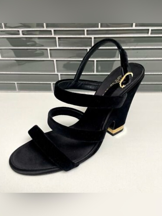 CHANEL Shoes - 100% authentic Chanel Black Suede Strappy Heel Sandals with Gold Logo Accent